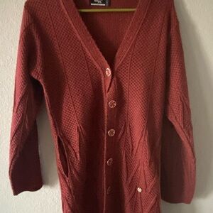 Vintage Volga Red/Orange Women's Cardigan Knit Sweater Flower Button‎ Sz L EUC